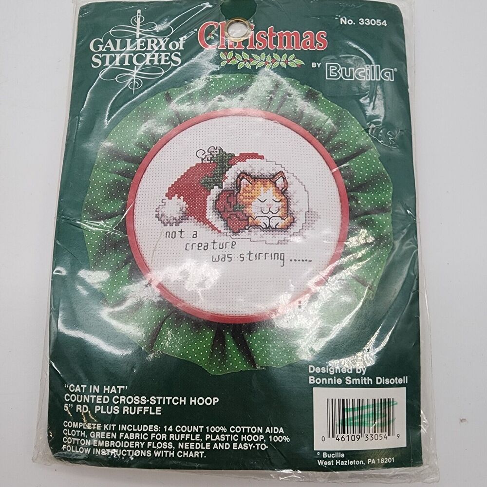 Vintage 90s Needlepoint Cross Stitch Kit Cat in Hat Christmas Gallery of Stitch